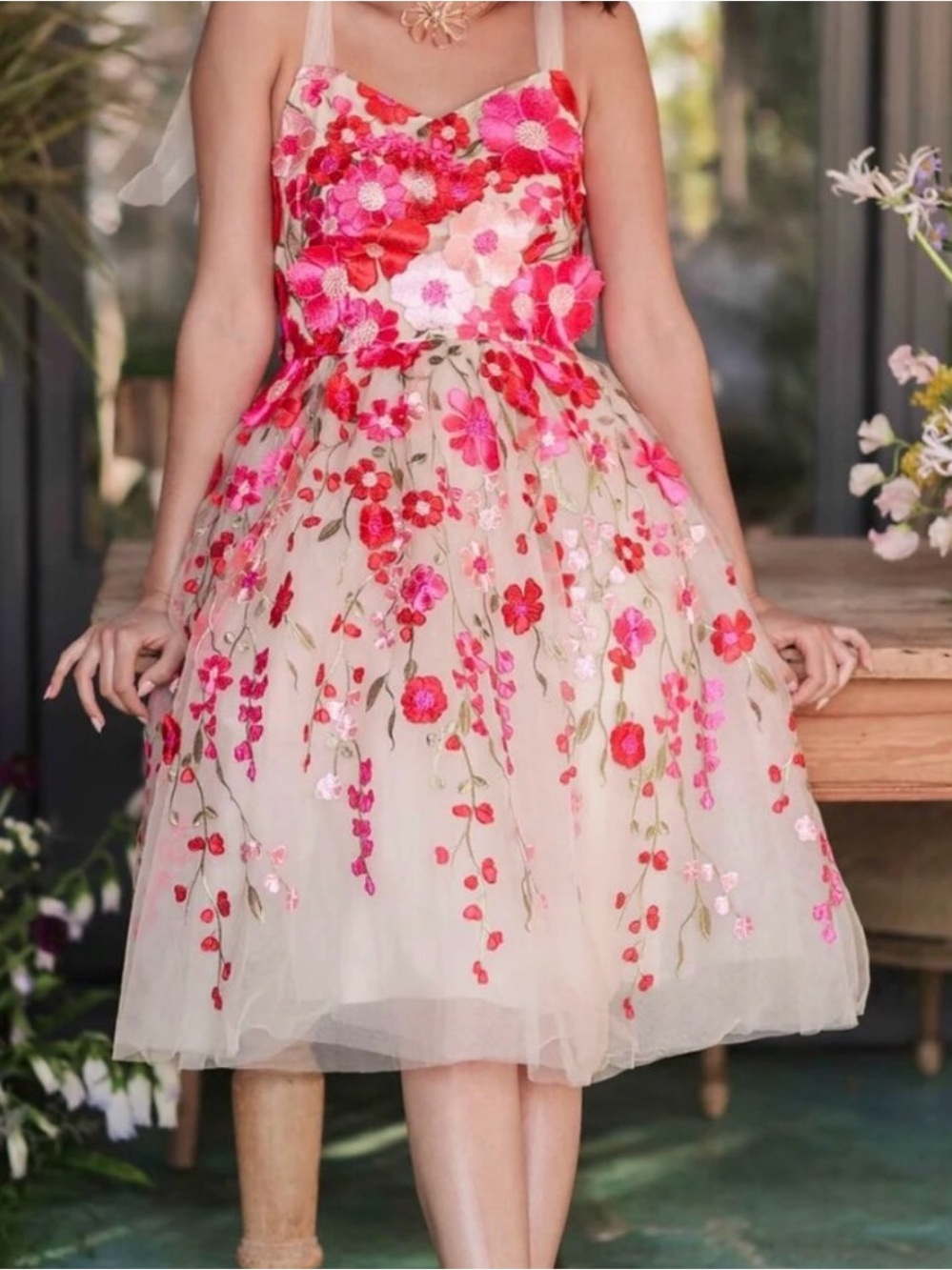 JessaKae Pink & Red Floral Embroidered Tulle Dress